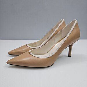 Tory Burch Double T Buckle Pump Womens 10.5 Tan Cream Leather Pointed Toe Heels